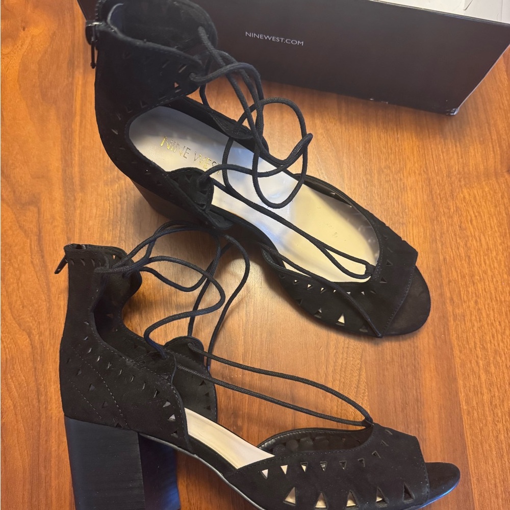 Black Suede Lace-Up Block Heels